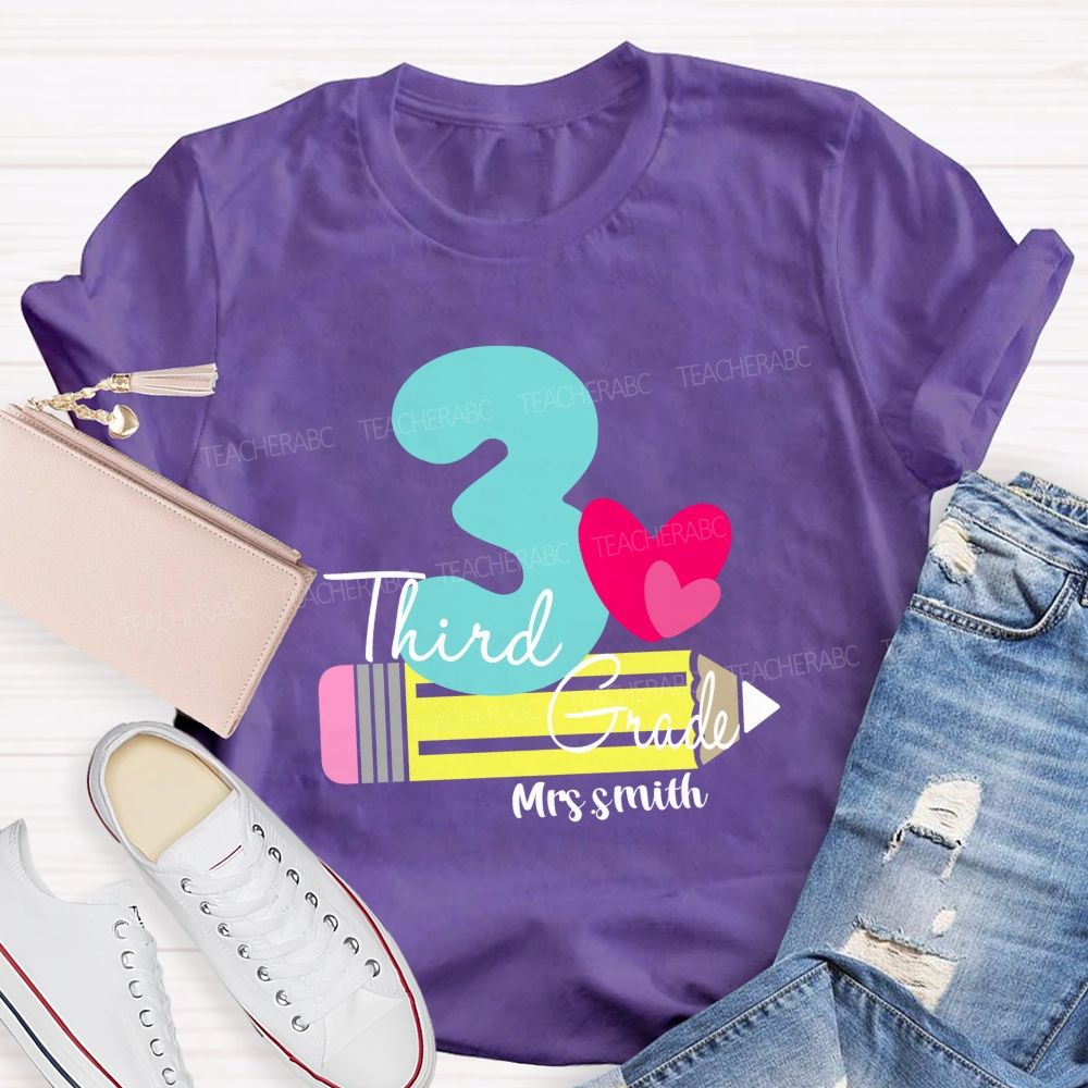 Personalized Grade And Name Pencil Pink Heart Teacher T-Shirt