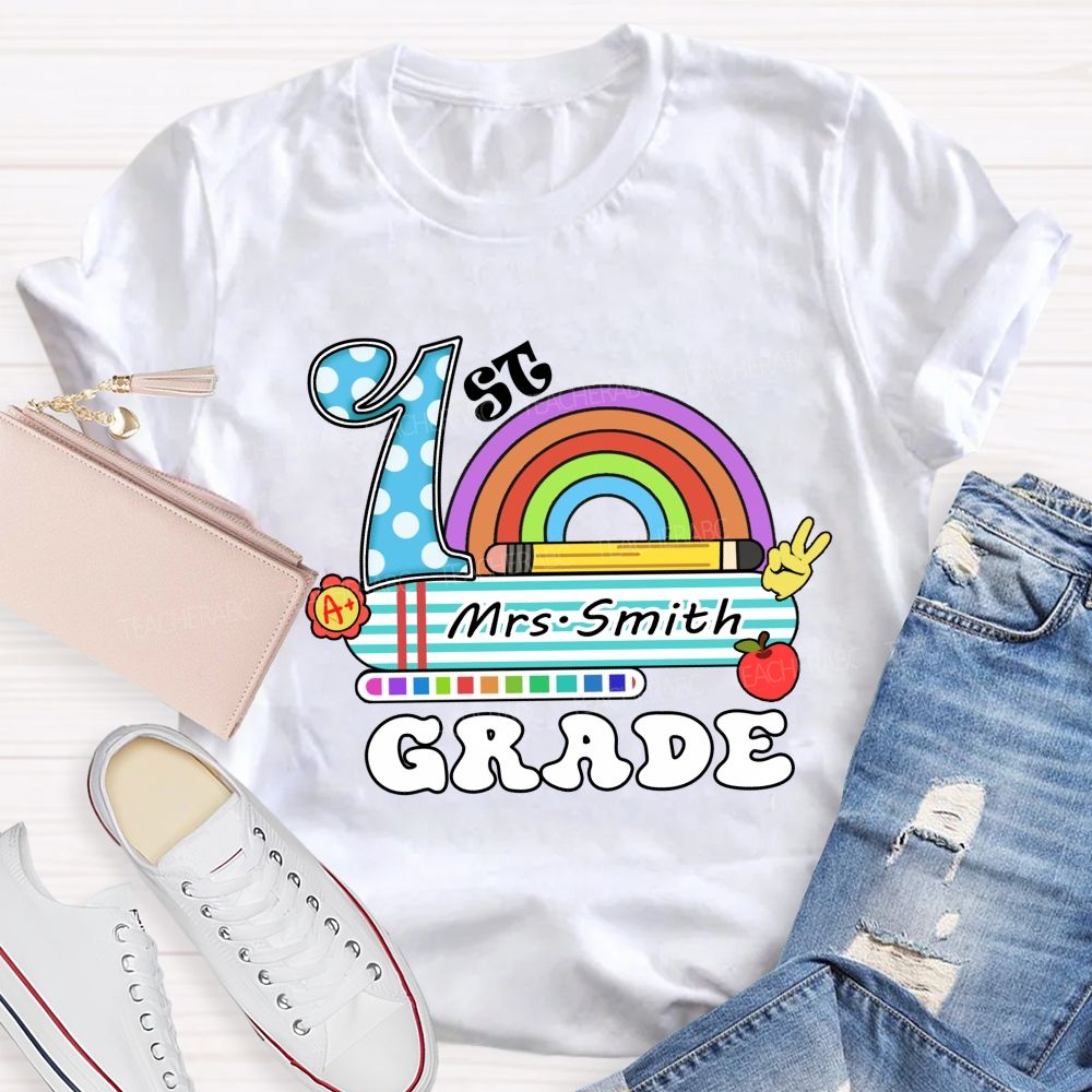 Personalized Grade And Name Rainbow Blue Checkered Print Teacher T-Shirt