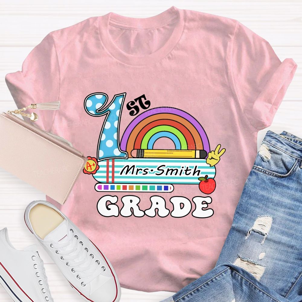 Personalized Grade And Name Rainbow Blue Checkered Print Teacher T-Shirt