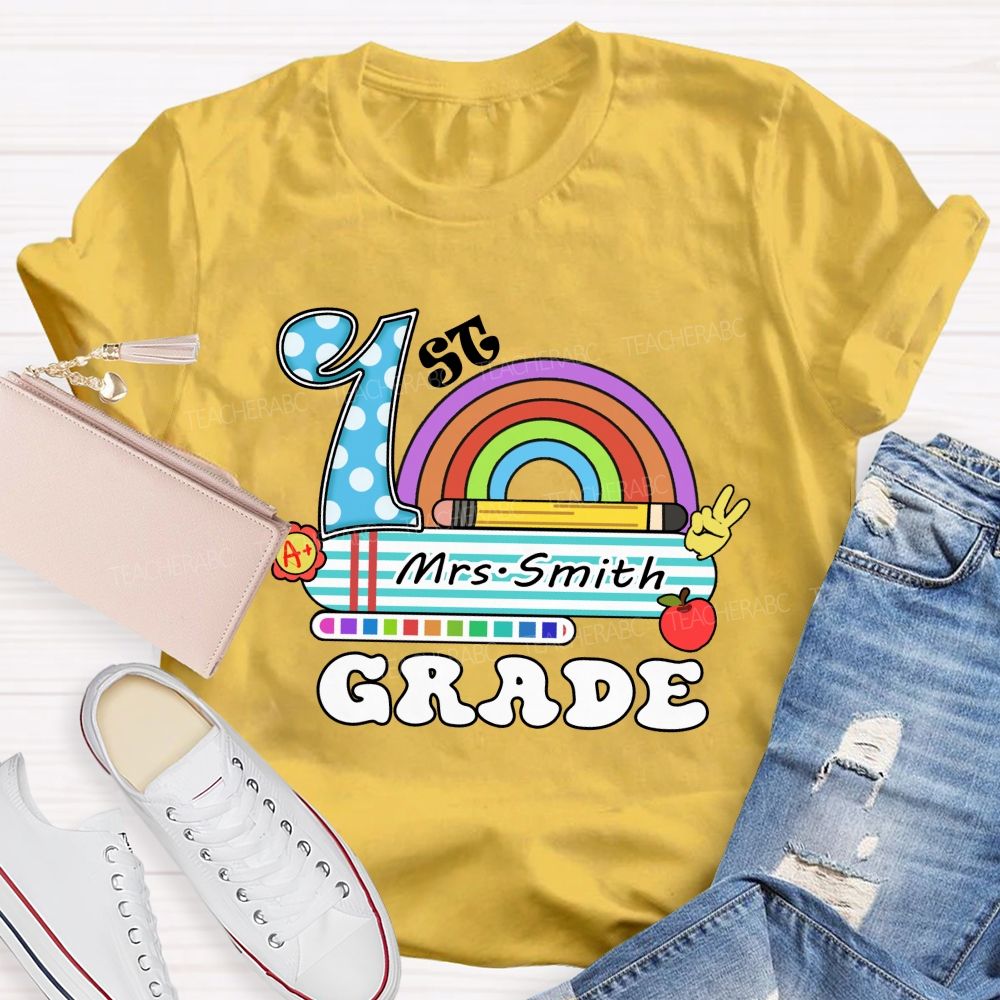 Personalized Grade And Name Rainbow Blue Checkered Print Teacher T-Shirt
