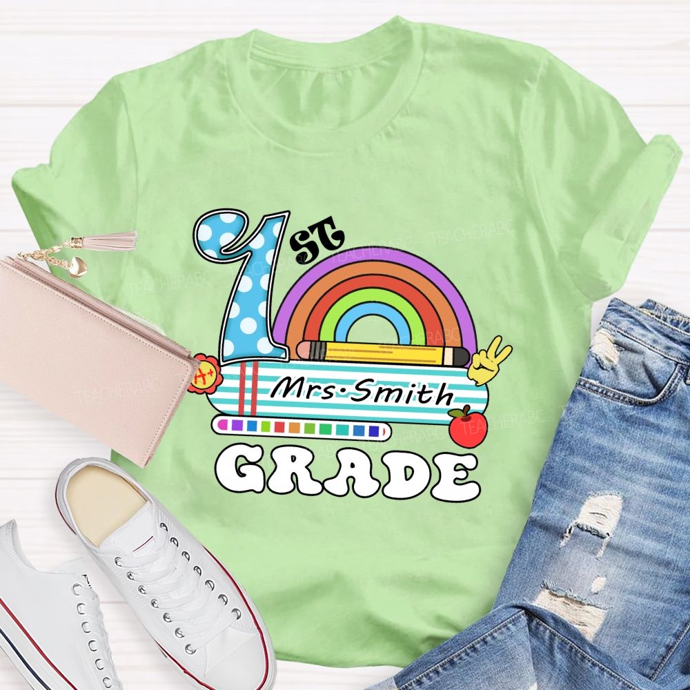 Personalized Grade And Name Rainbow Blue Checkered Print Teacher T-Shirt