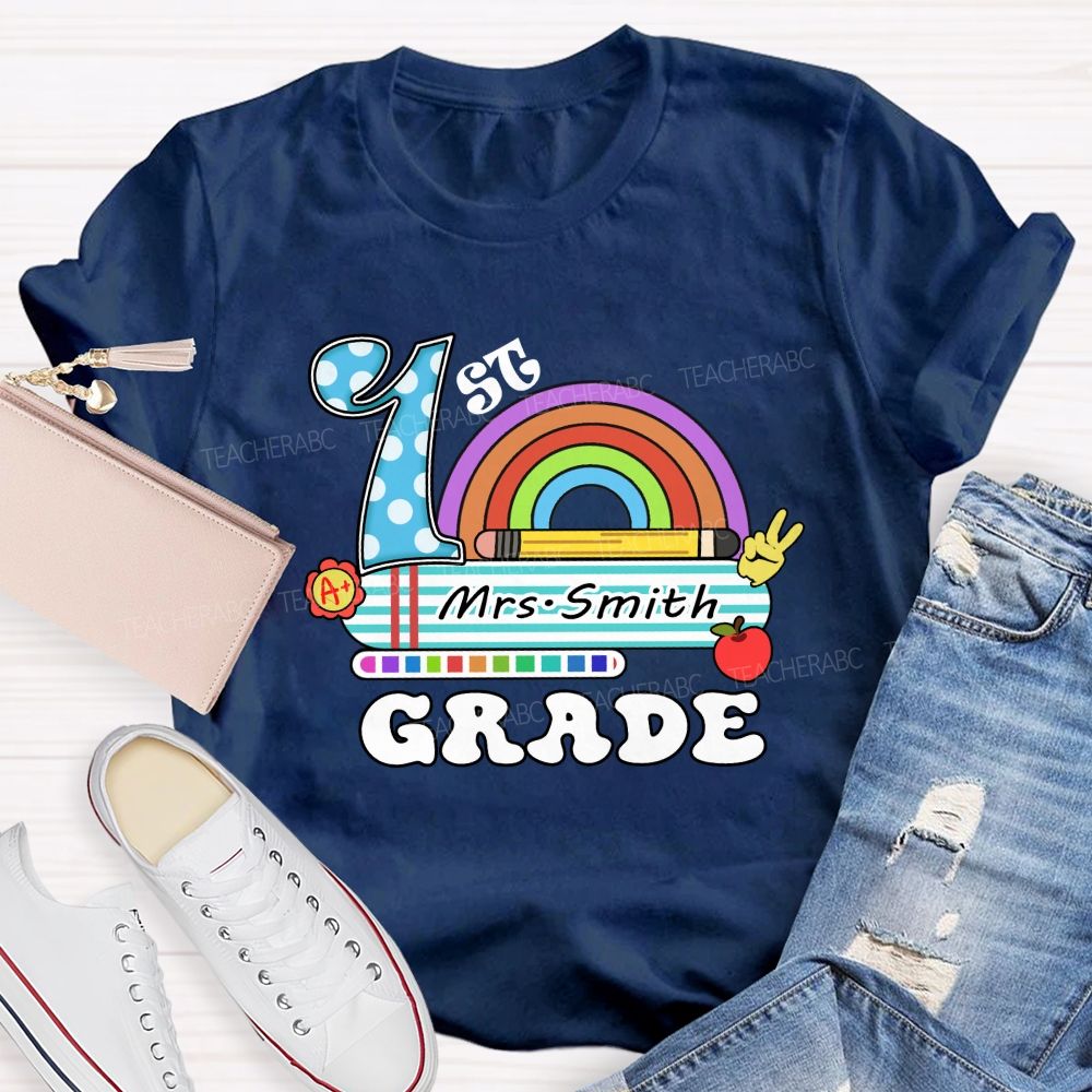 Personalized Grade And Name Rainbow Blue Checkered Print Teacher T-Shirt