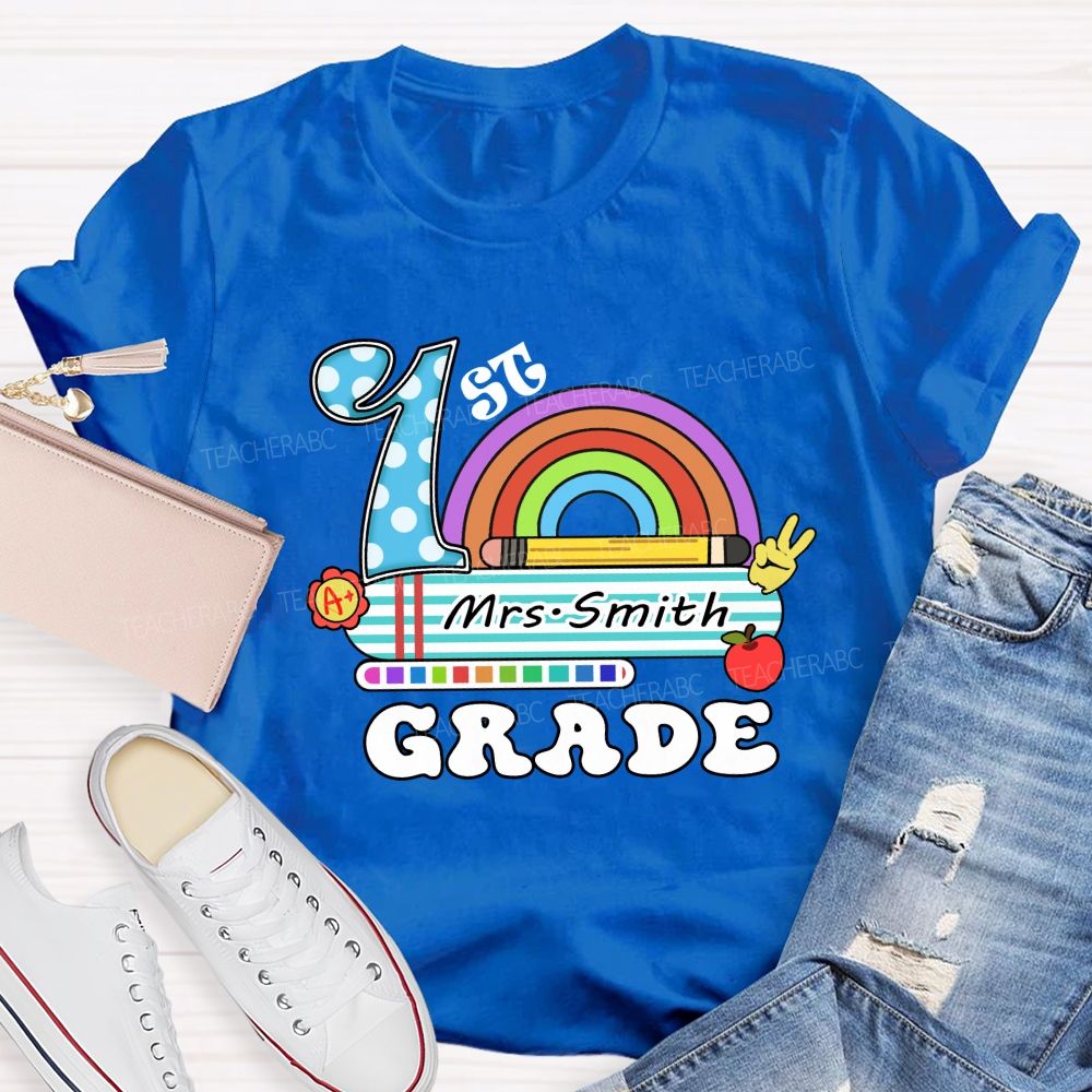 Personalized Grade And Name Rainbow Blue Checkered Print Teacher T-Shirt