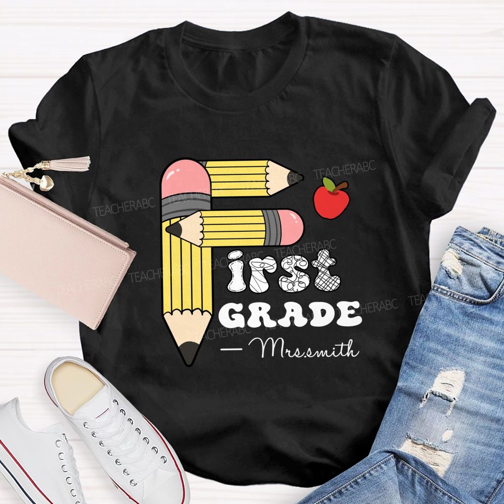 Personalized Grade And Name Pencil Printed Apple Teacher T-Shirt