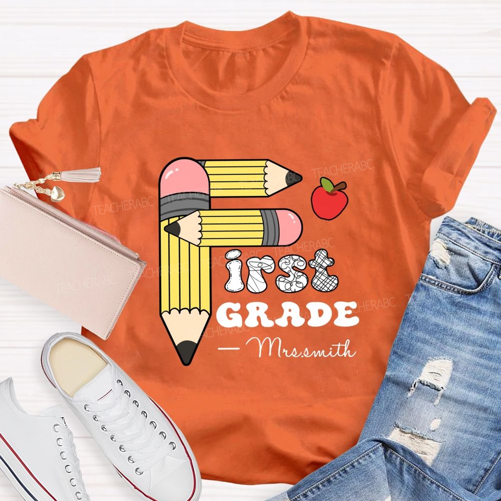 Personalized Grade And Name Pencil Printed Apple Teacher T-Shirt