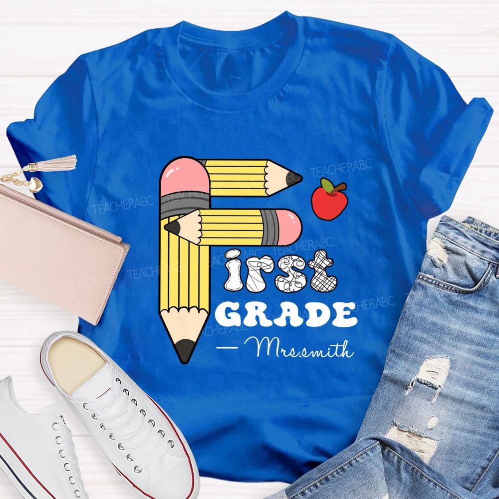 Personalized Grade And Name Pencil Printed Apple Teacher T-Shirt