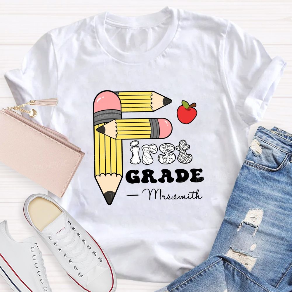 Personalized Grade And Name Pencil Printed Apple Teacher T-Shirt