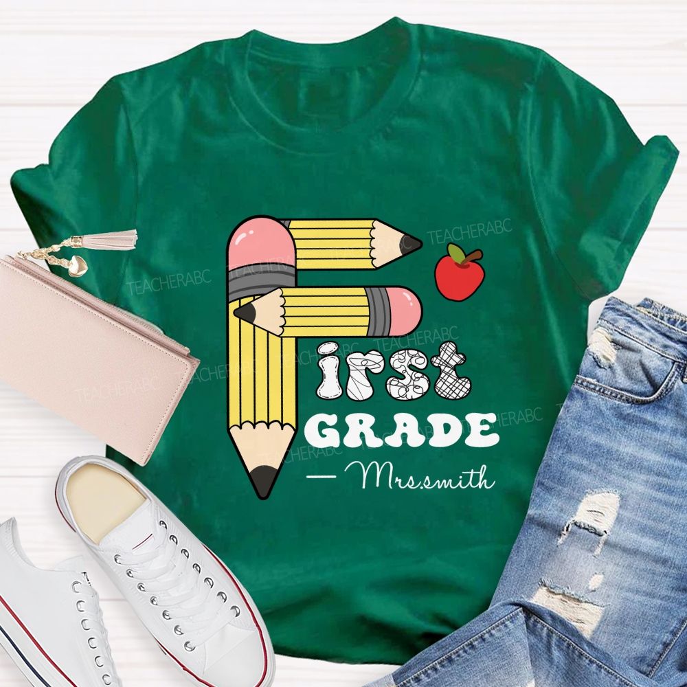 Personalized Grade And Name Pencil Printed Apple Teacher T-Shirt