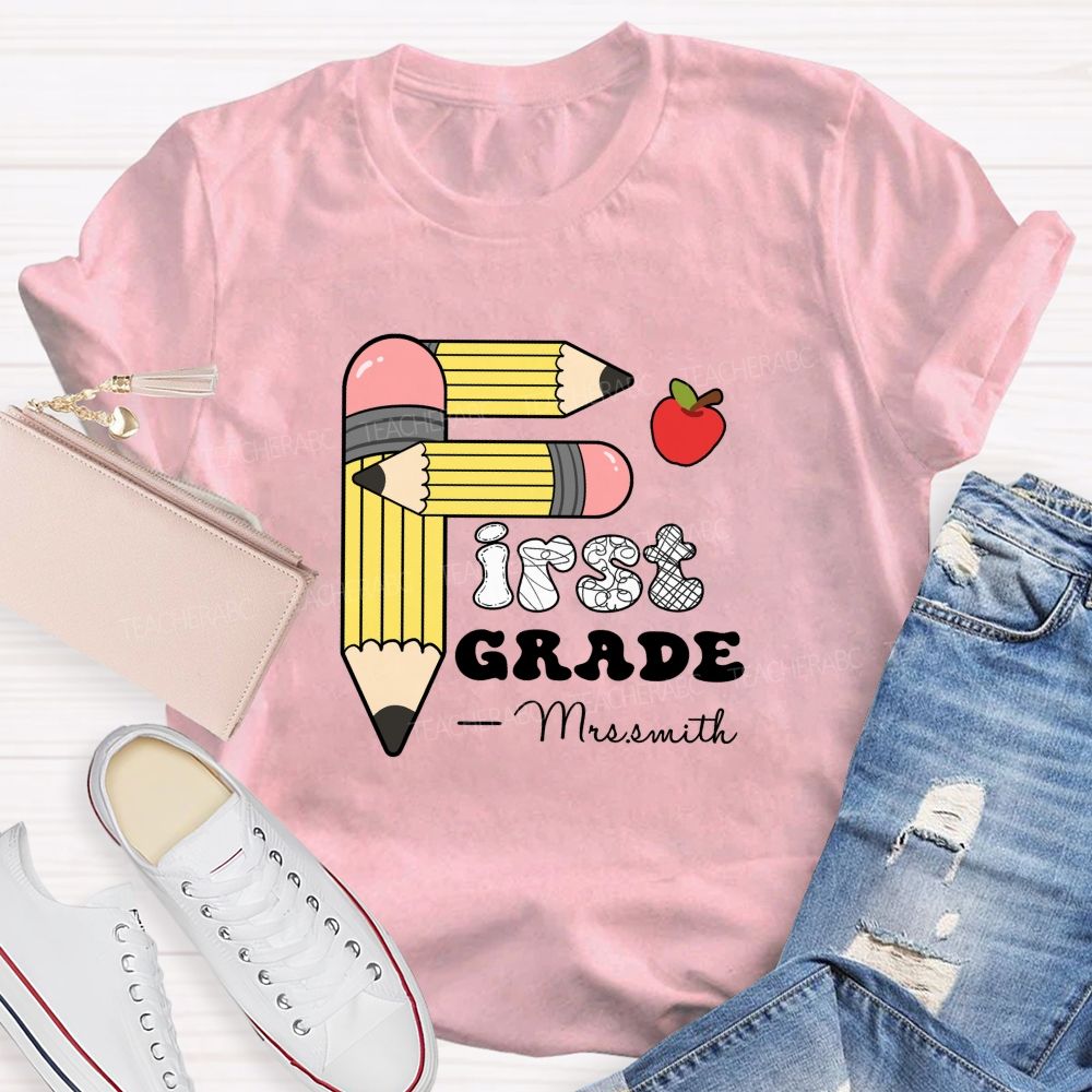 Personalized Grade And Name Pencil Printed Apple Teacher T-Shirt
