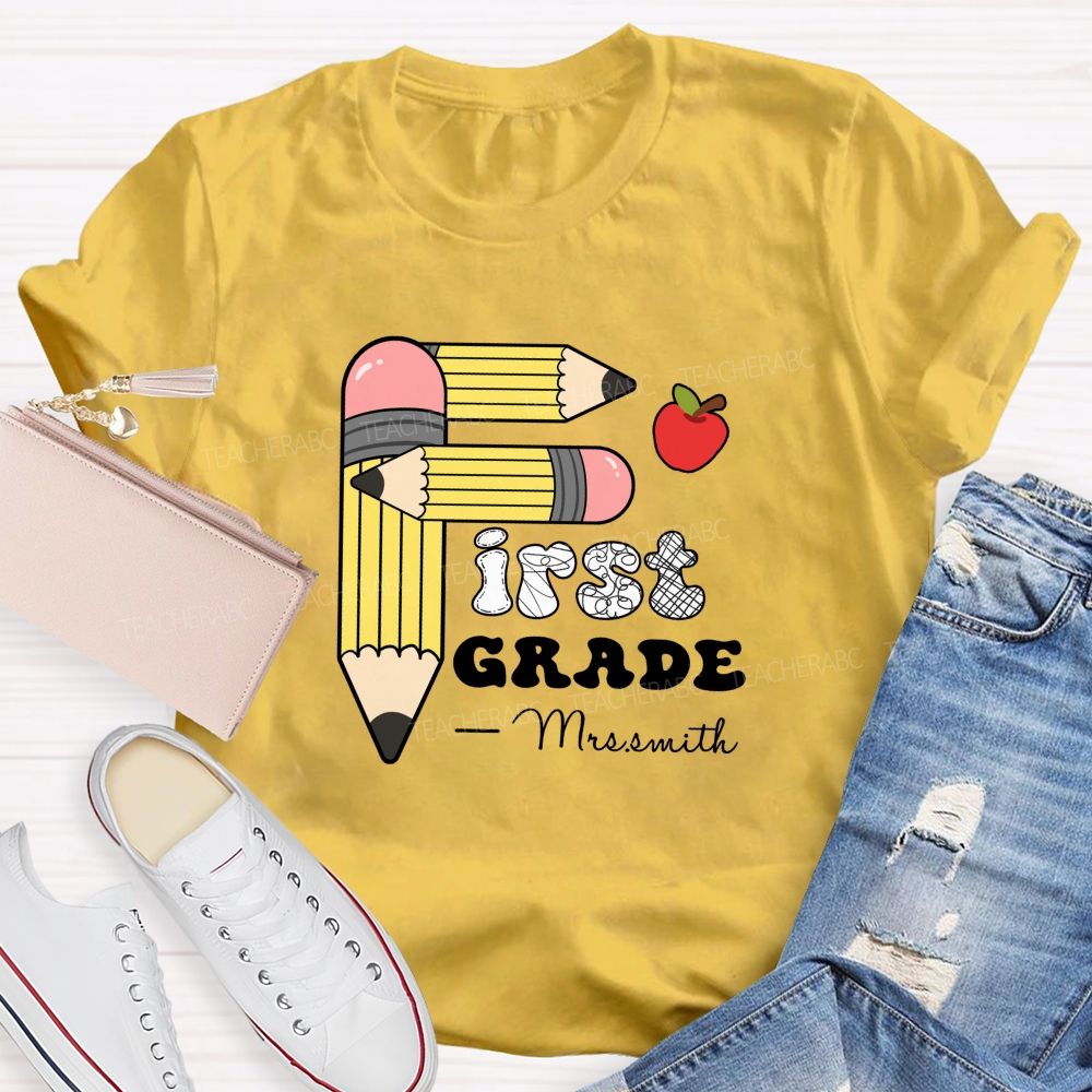 Personalized Grade And Name Pencil Printed Apple Teacher T-Shirt