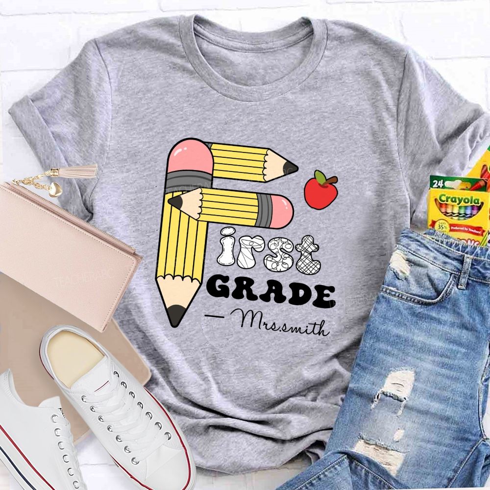 Personalized Grade And Name Pencil Printed Apple Teacher T-Shirt