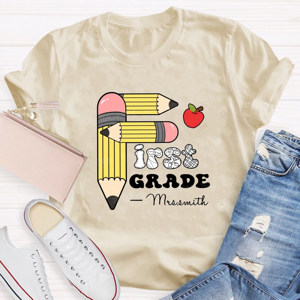 Personalized Grade And Name Pencil Printed Apple Teacher T-Shirt