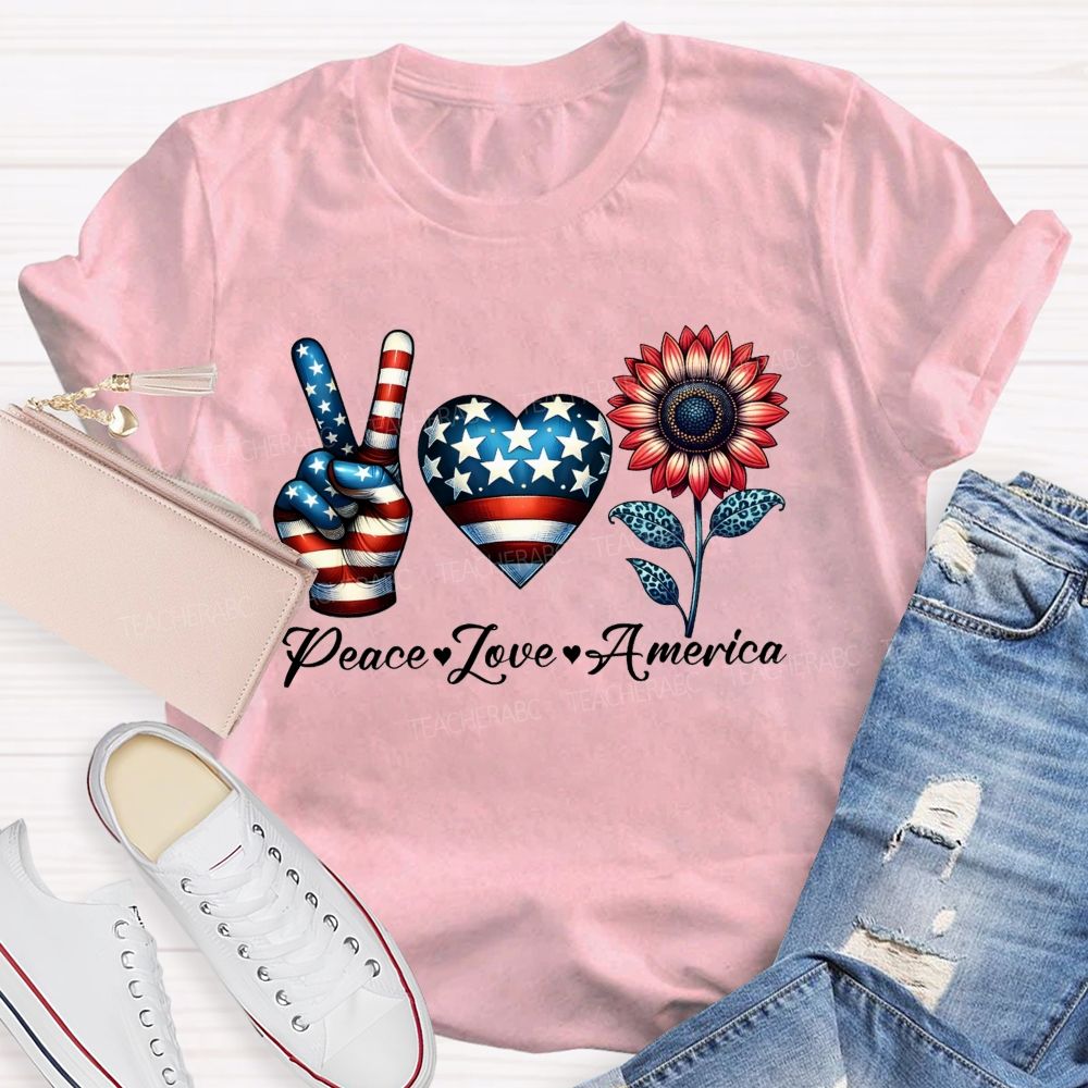 Peace Love America Patriotic Peace Hand Heart Sunflower T-shirt