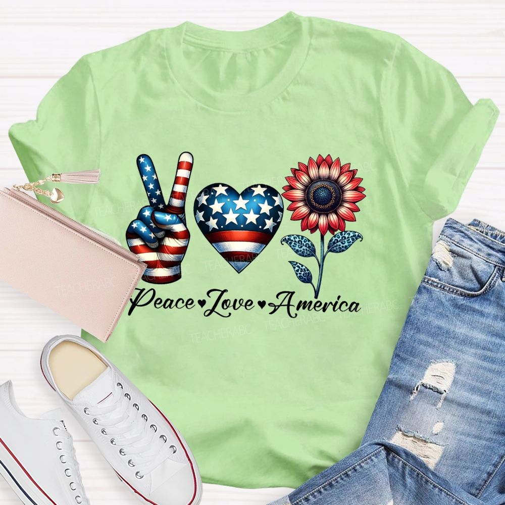 Peace Love America Patriotic Peace Hand Heart Sunflower T-shirt