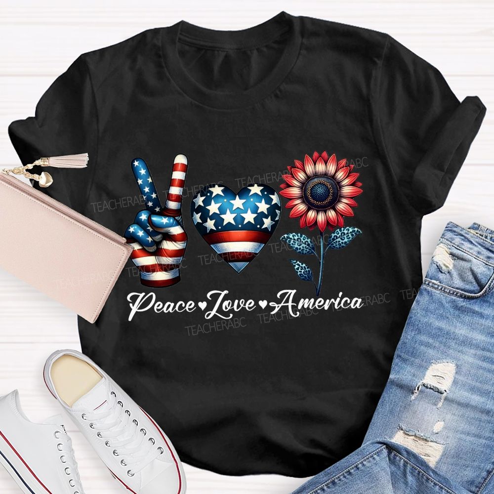 Peace Love America Patriotic Peace Hand Heart Sunflower T-shirt