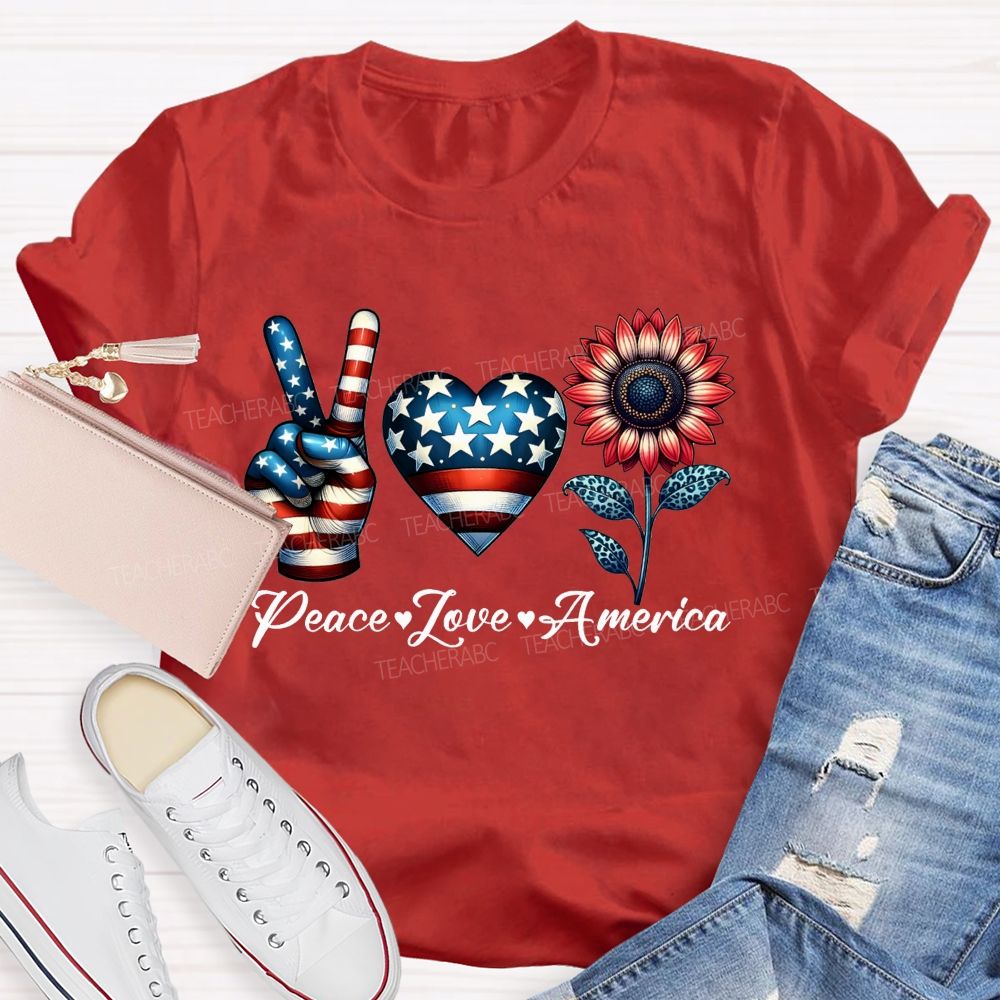 Peace Love America Patriotic Peace Hand Heart Sunflower T-shirt