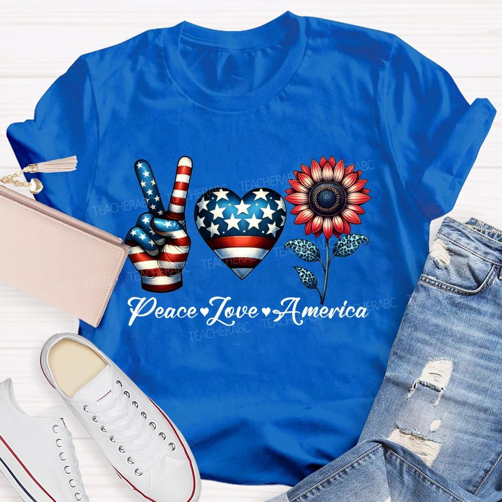 Peace Love America Patriotic Peace Hand Heart Sunflower T-shirt