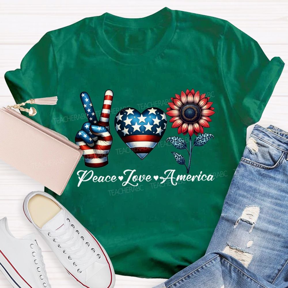 Peace Love America Patriotic Peace Hand Heart Sunflower T-shirt