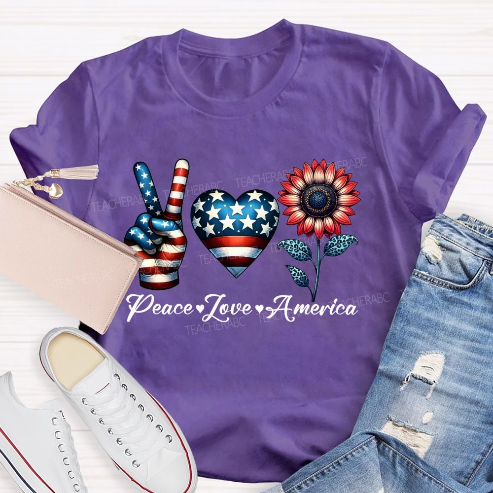 Peace Love America Patriotic Peace Hand Heart Sunflower T-shirt