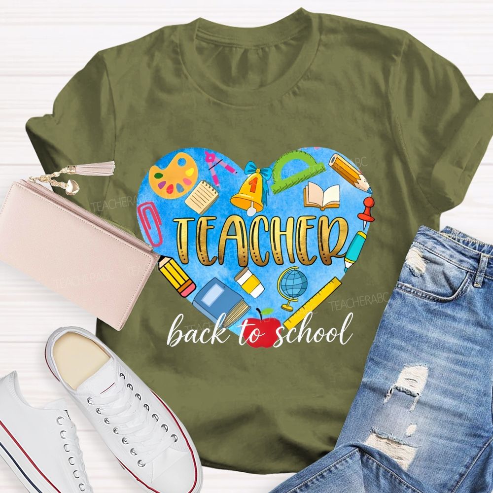 Back To School Teacher Heart School Supplies Graphic Teacher T-shirt