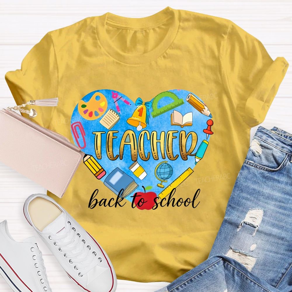 Back To School Teacher Heart School Supplies Graphic Teacher T-shirt