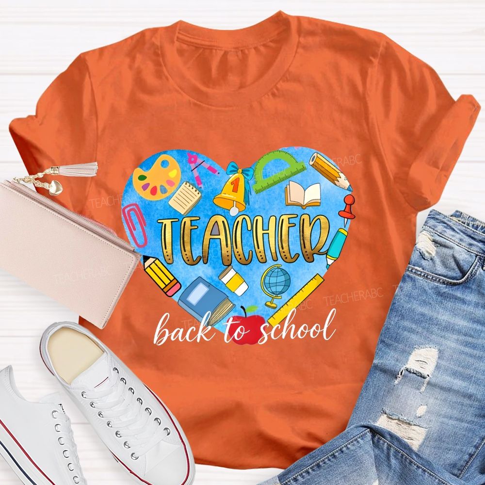 Back To School Teacher Heart School Supplies Graphic Teacher T-shirt