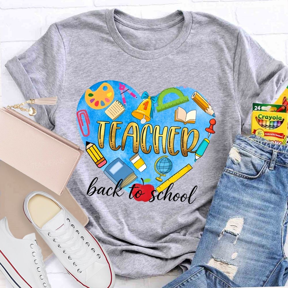 Back To School Teacher Heart School Supplies Graphic Teacher T-shirt
