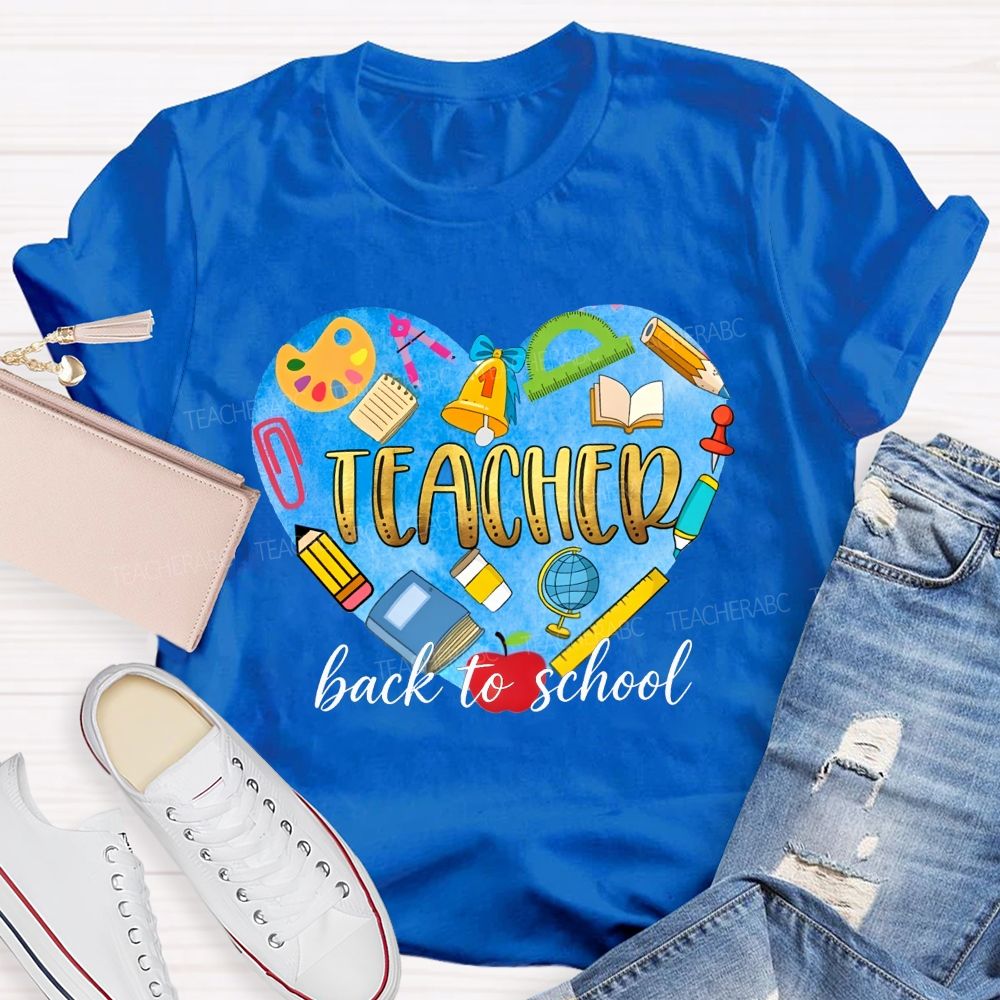 Back To School Teacher Heart School Supplies Graphic Teacher T-shirt