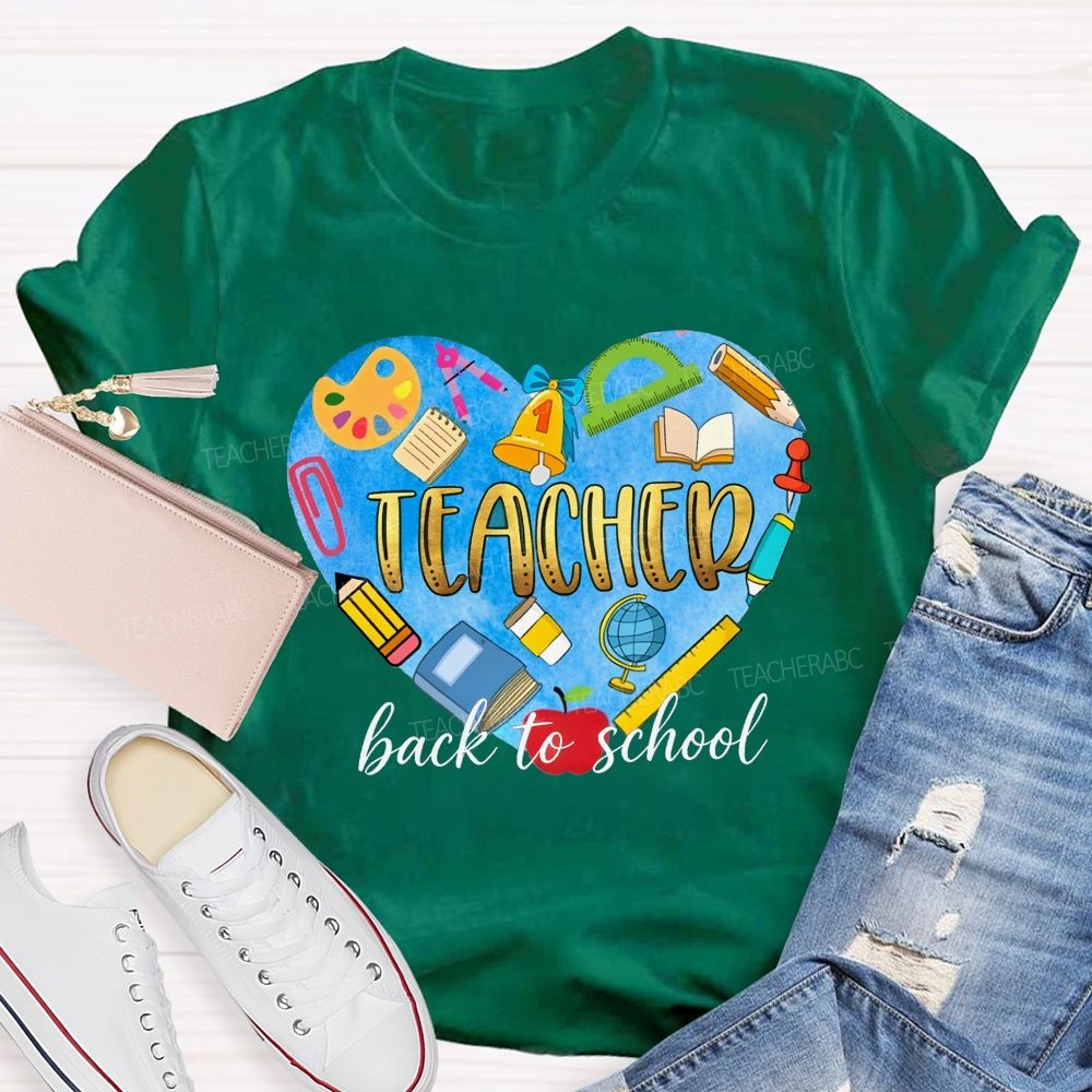 Back To School Teacher Heart School Supplies Graphic Teacher T-shirt