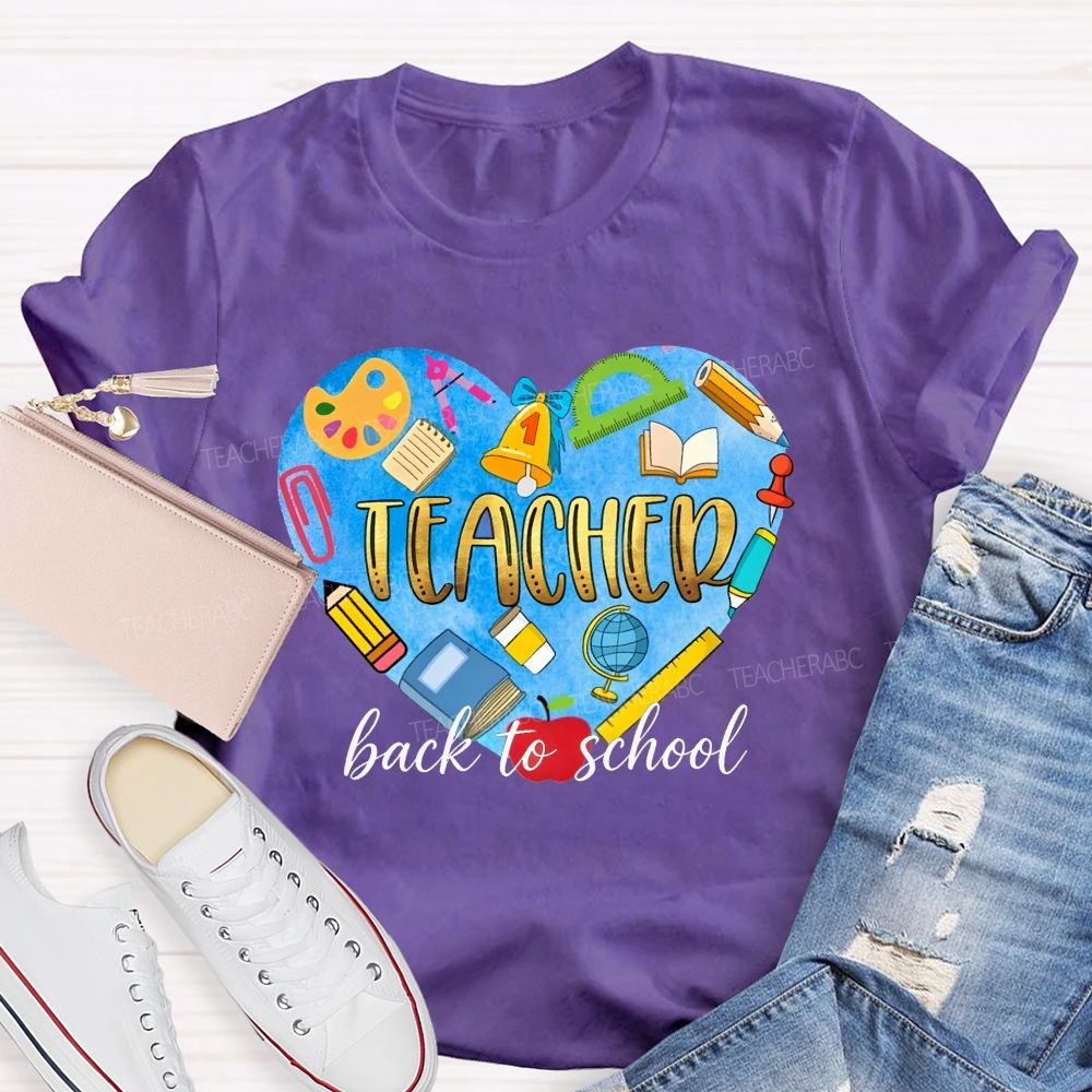 Back To School Teacher Heart School Supplies Graphic Teacher T-shirt