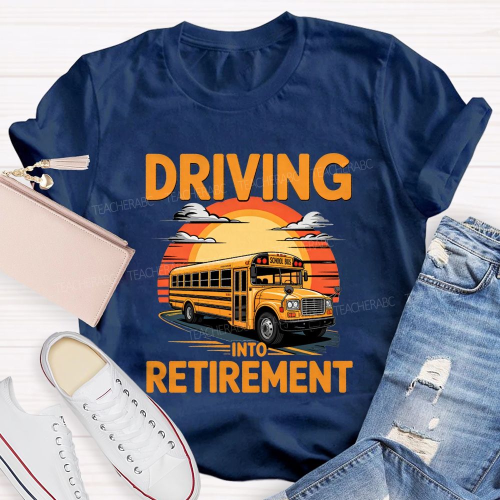 Driving Into Retirement Vintage Sunset School Bus T-shirt
