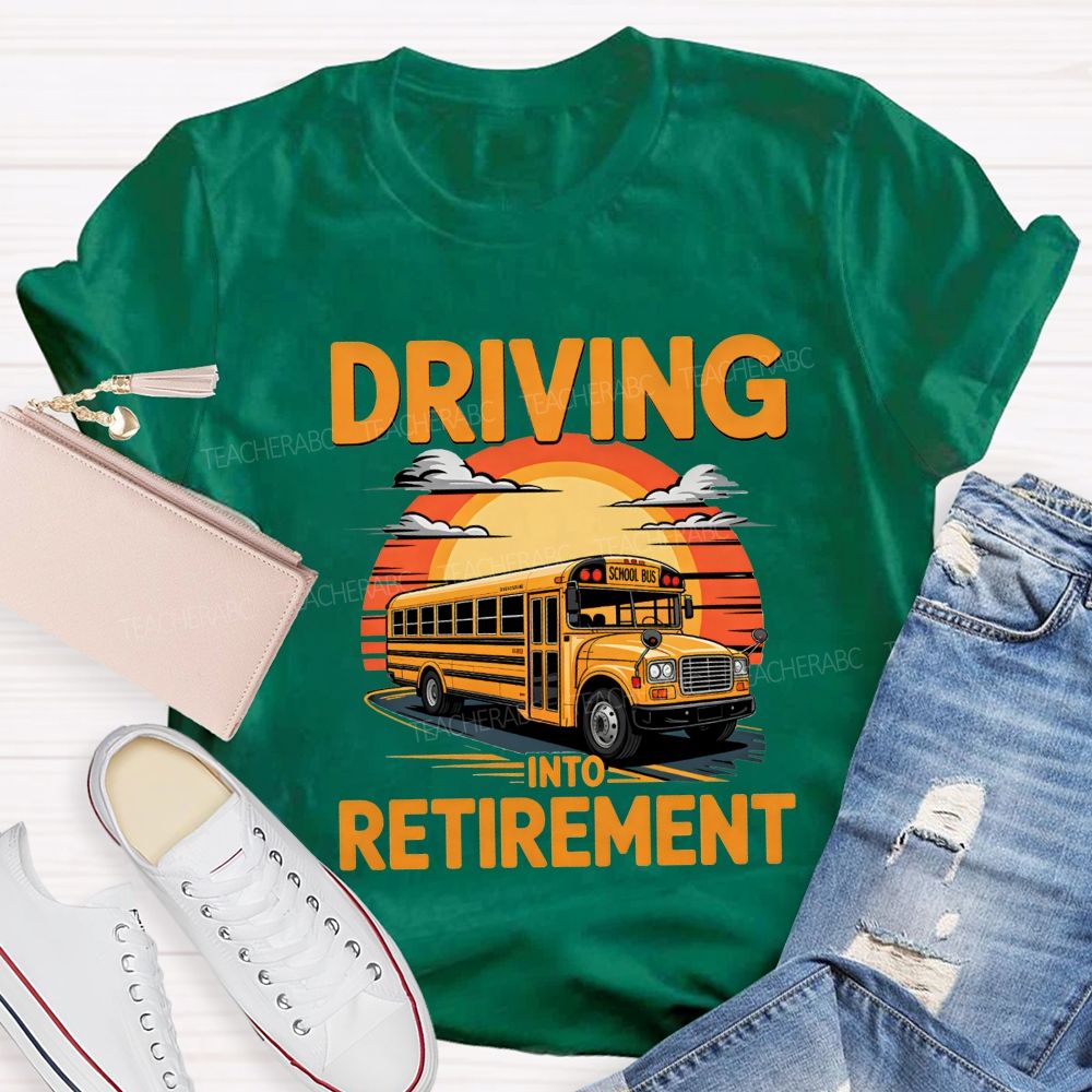 Driving Into Retirement Vintage Sunset School Bus T-shirt
