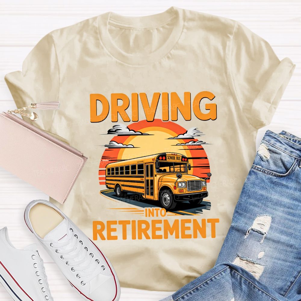 Driving Into Retirement Vintage Sunset School Bus T-shirt