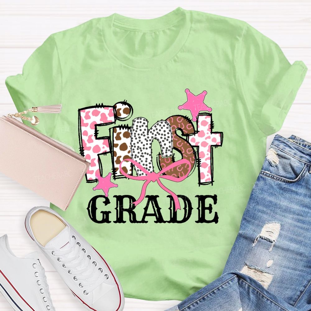 Personalized Grade  First Grade Pink Leopard Print Letters  Teacher T-shirt