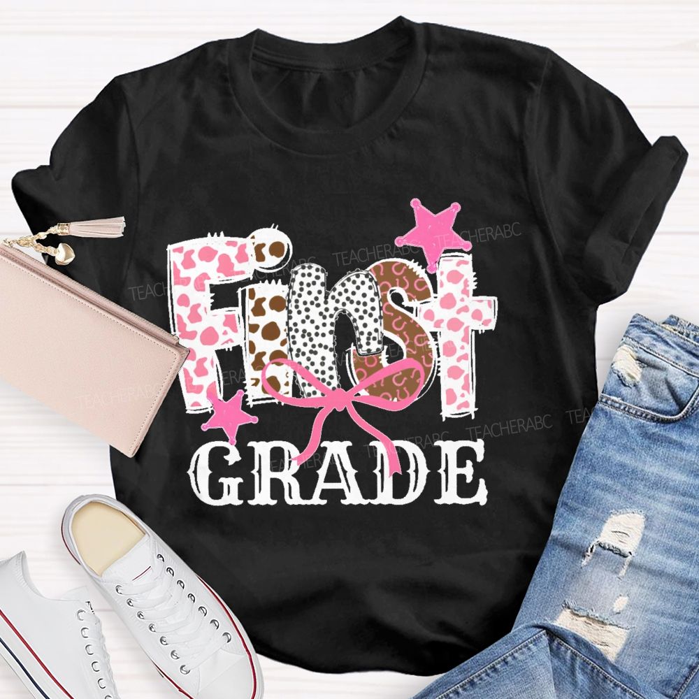 Personalized Grade  First Grade Pink Leopard Print Letters  Teacher T-shirt