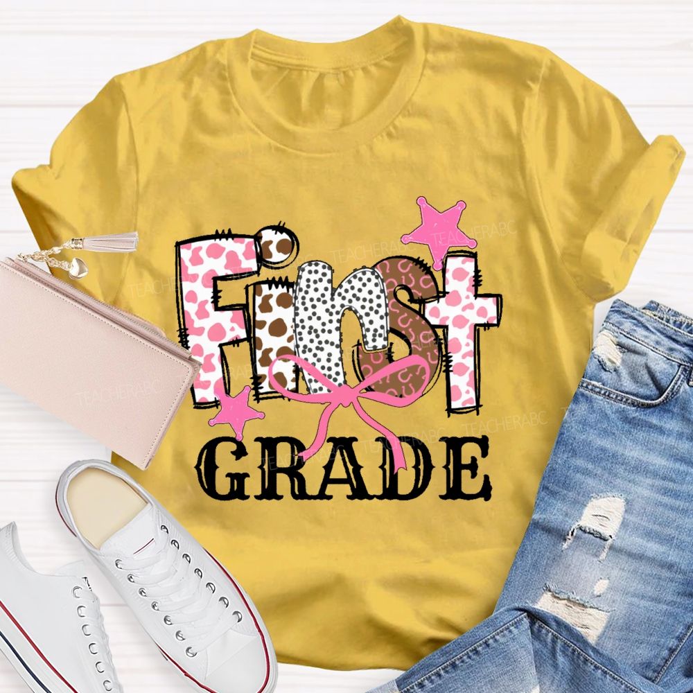 Personalized Grade  First Grade Pink Leopard Print Letters  Teacher T-shirt