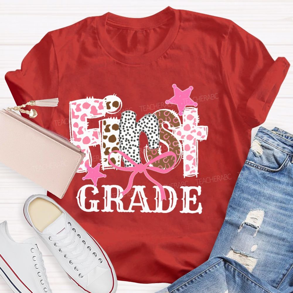 Personalized Grade  First Grade Pink Leopard Print Letters  Teacher T-shirt