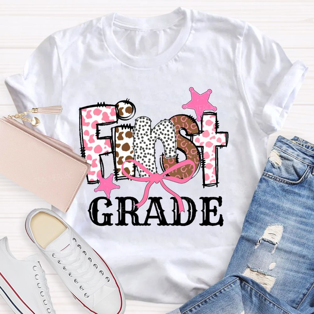 Personalized Grade  First Grade Pink Leopard Print Letters  Teacher T-shirt