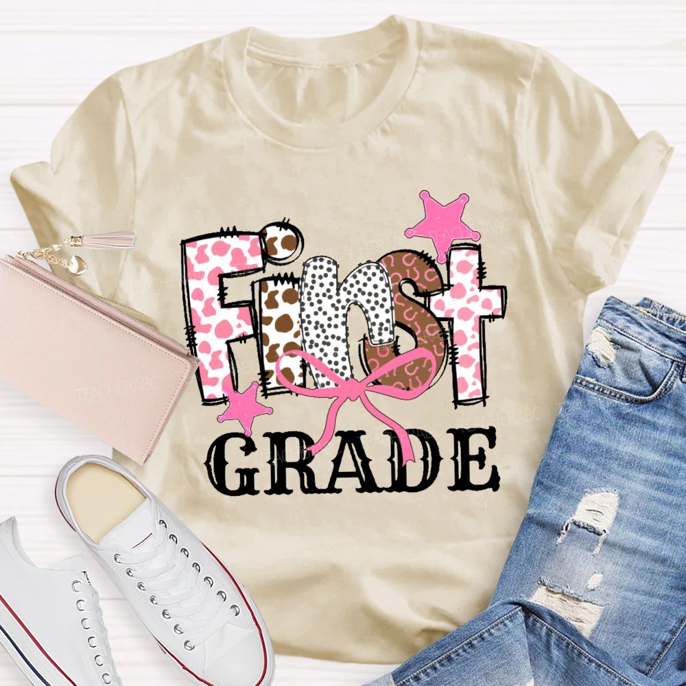 Personalized Grade  First Grade Pink Leopard Print Letters  Teacher T-shirt