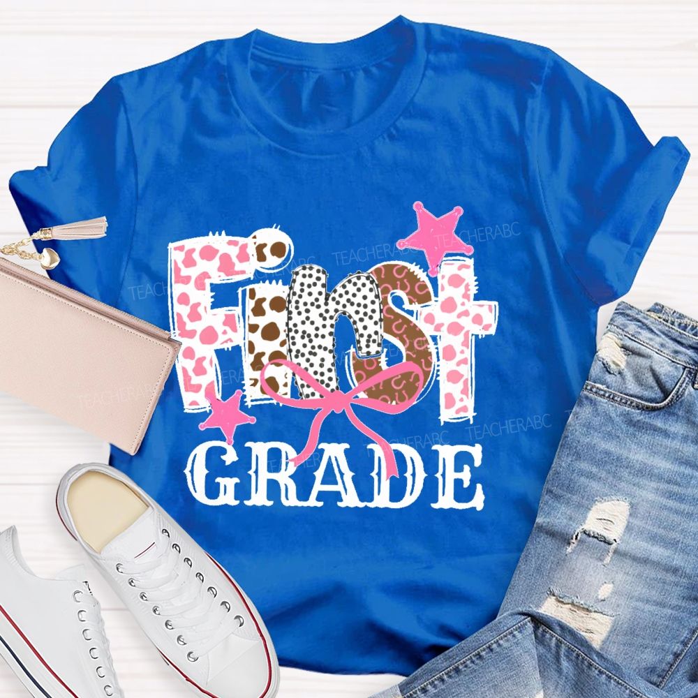 Personalized Grade  First Grade Pink Leopard Print Letters  Teacher T-shirt