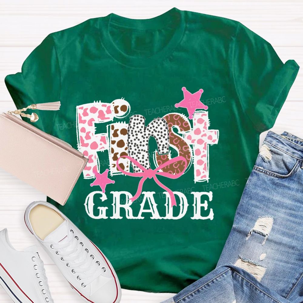 Personalized Grade  First Grade Pink Leopard Print Letters  Teacher T-shirt