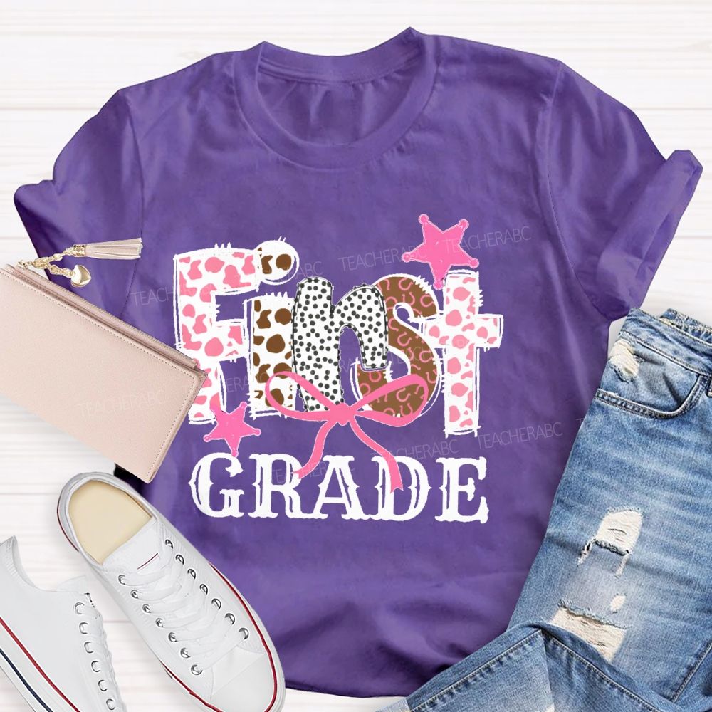 Personalized Grade  First Grade Pink Leopard Print Letters  Teacher T-shirt