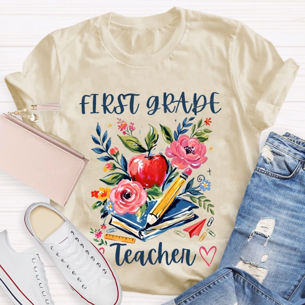 Personalized Grade  First Grade Teacher Flowers Graphics  Teacher T-shirt