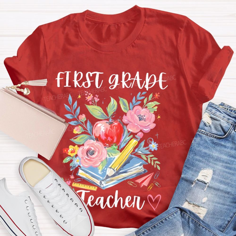 Personalized Grade  First Grade Teacher Flowers Graphics  Teacher T-shirt