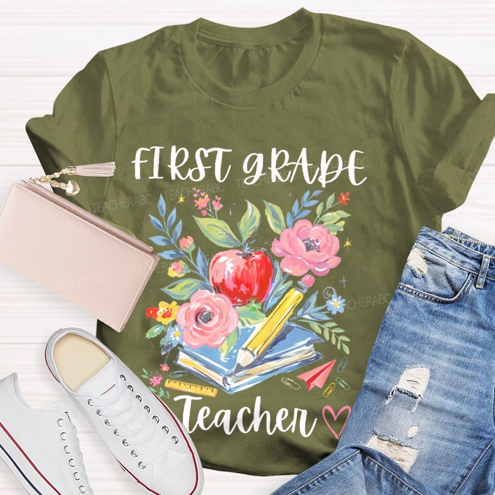Personalized Grade  First Grade Teacher Flowers Graphics  Teacher T-shirt
