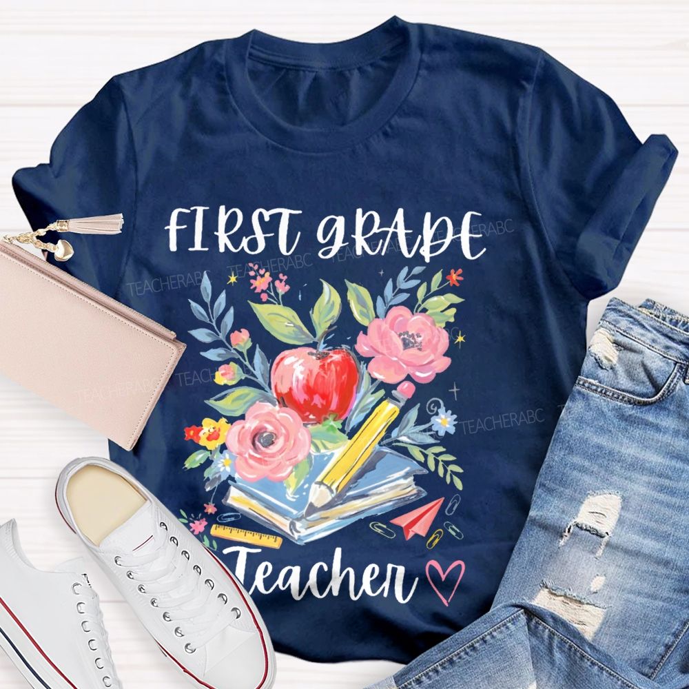 Personalized Grade  First Grade Teacher Flowers Graphics  Teacher T-shirt