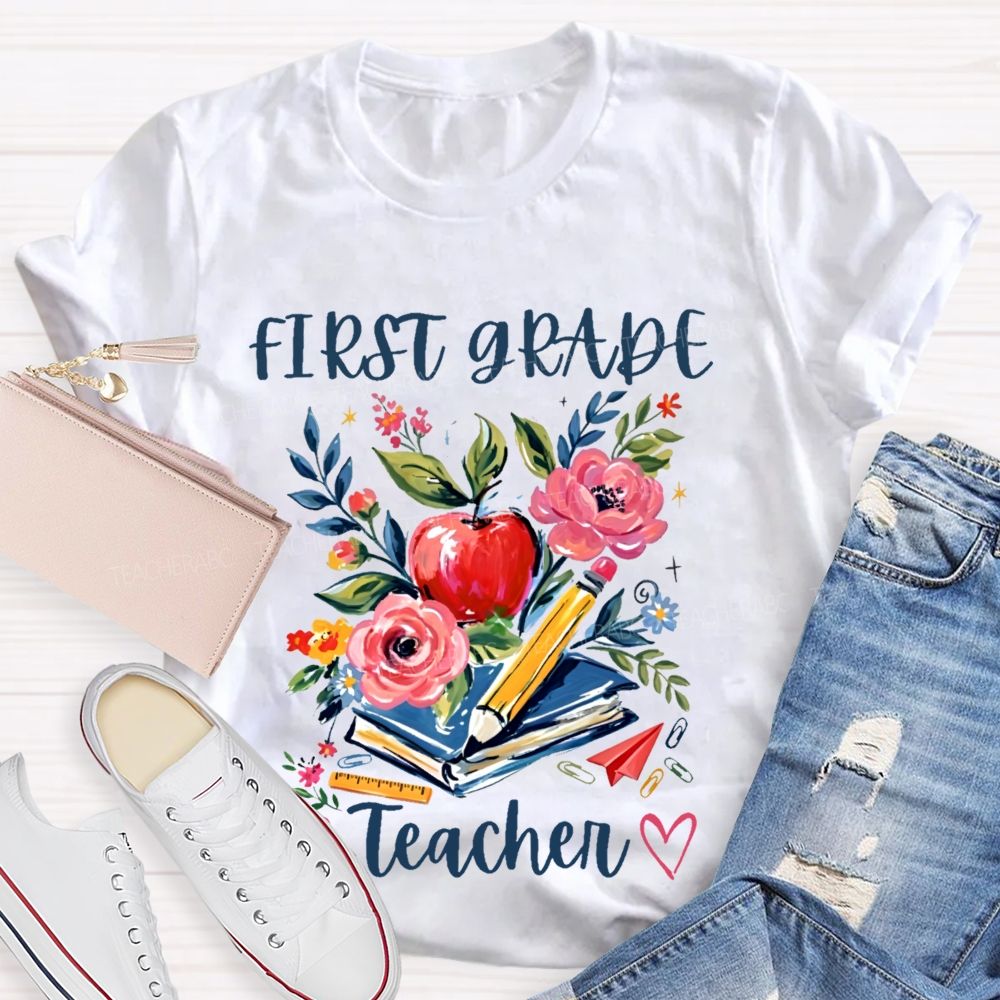 Personalized Grade  First Grade Teacher Flowers Graphics  Teacher T-shirt