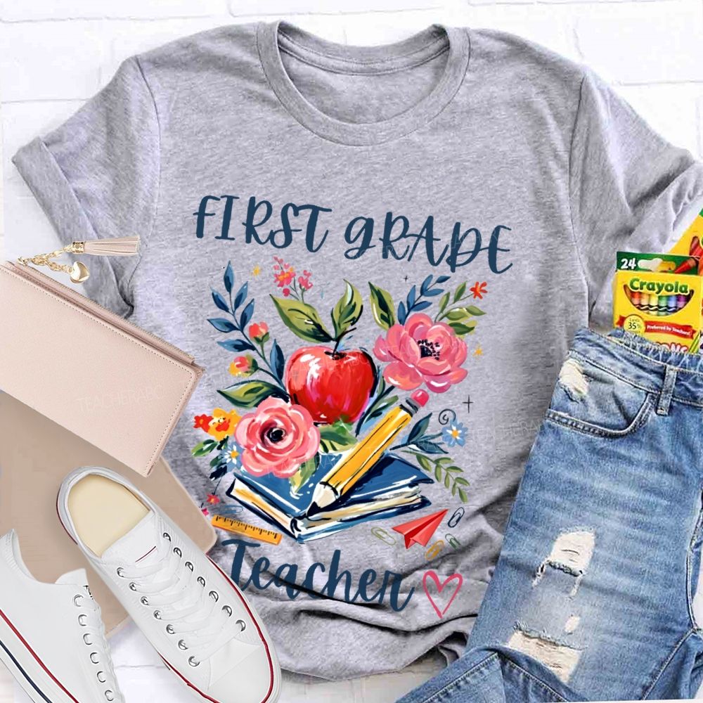 Personalized Grade  First Grade Teacher Flowers Graphics  Teacher T-shirt