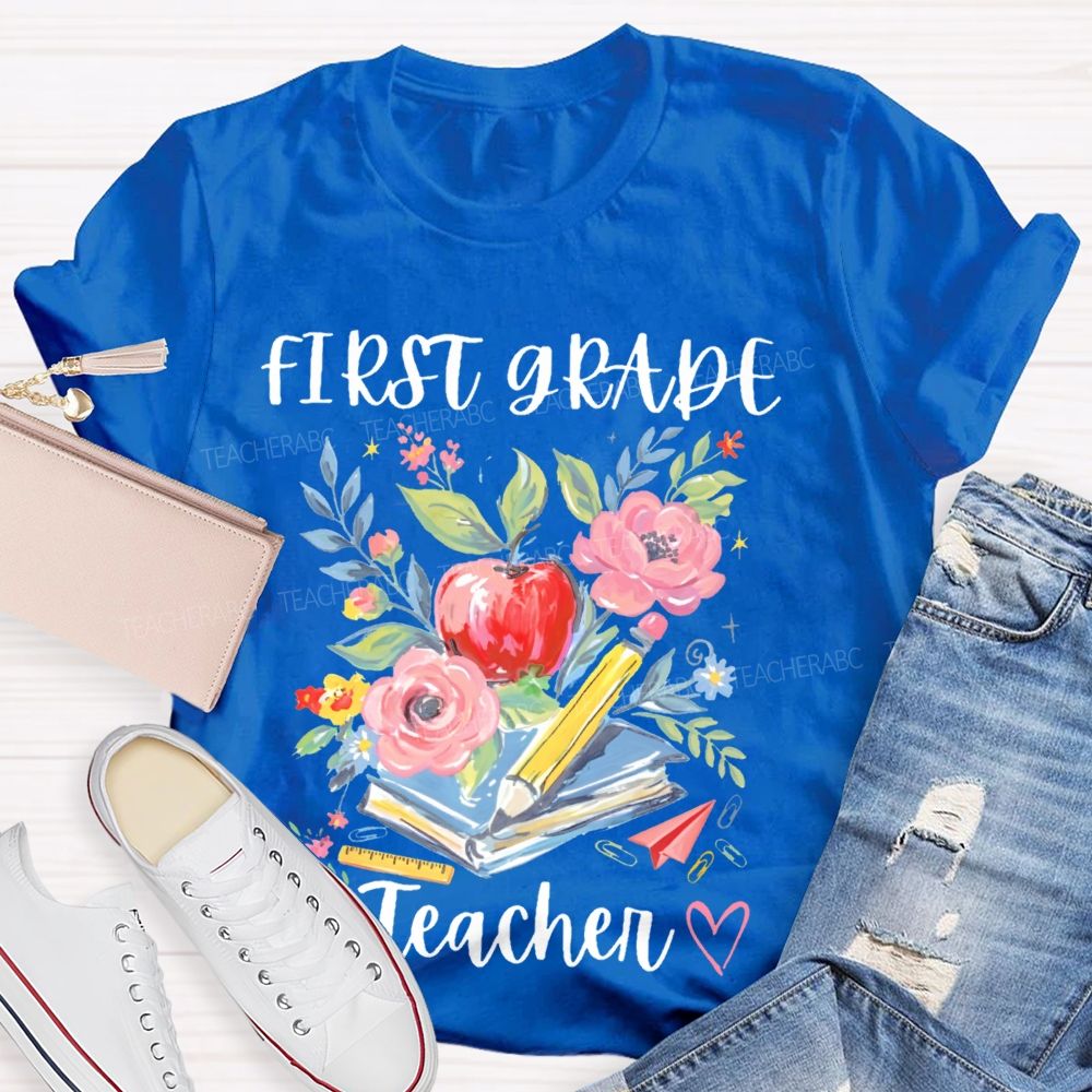 Personalized Grade  First Grade Teacher Flowers Graphics  Teacher T-shirt