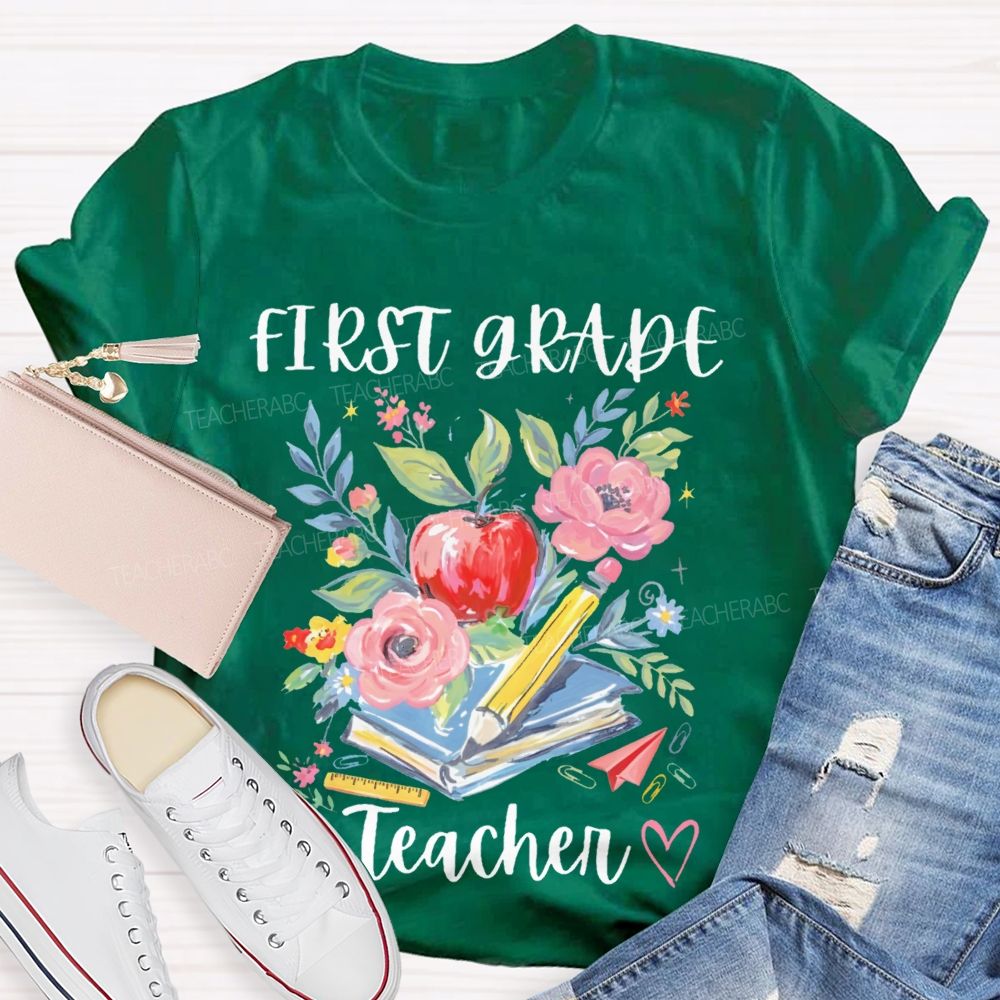 Personalized Grade  First Grade Teacher Flowers Graphics  Teacher T-shirt